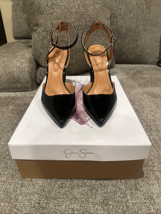 Jessica Simpson Shoes - Jessica Simpson Black Patent Pointed Toe Ankle Strap Pumps